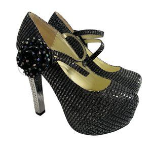 Gatuxus Metallic Platform High Heels Womens 7 Black Silver Straps Flower